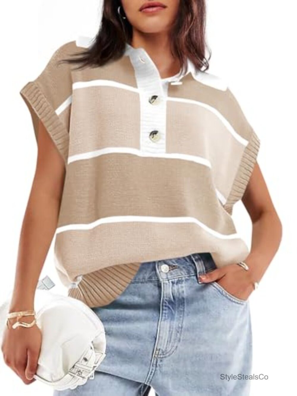 Women's V Neck Button Down Striped Short Sleeve Knit Sweater - Picture 1 of 6